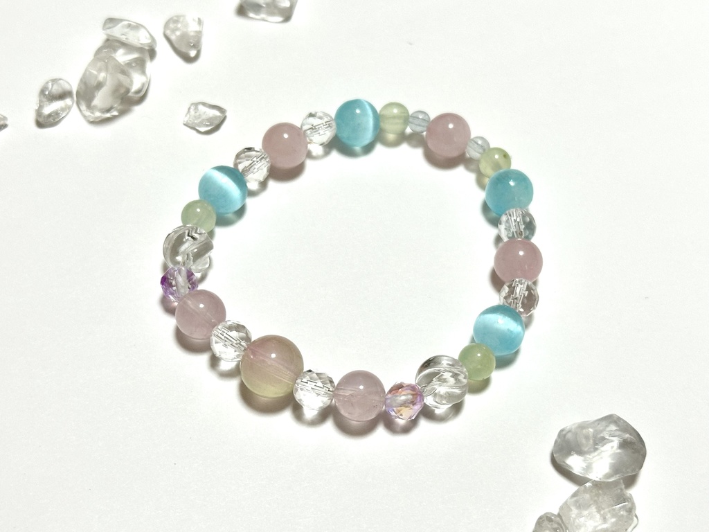「 秋空と秋桜 」 ✯ 瑠璃ガラス ローズクォーツ セレナイト プレナイト アクアマリン ルナフラッシュetc/ 天然石ブレスレット パワーストーン 天然石アクセサリー