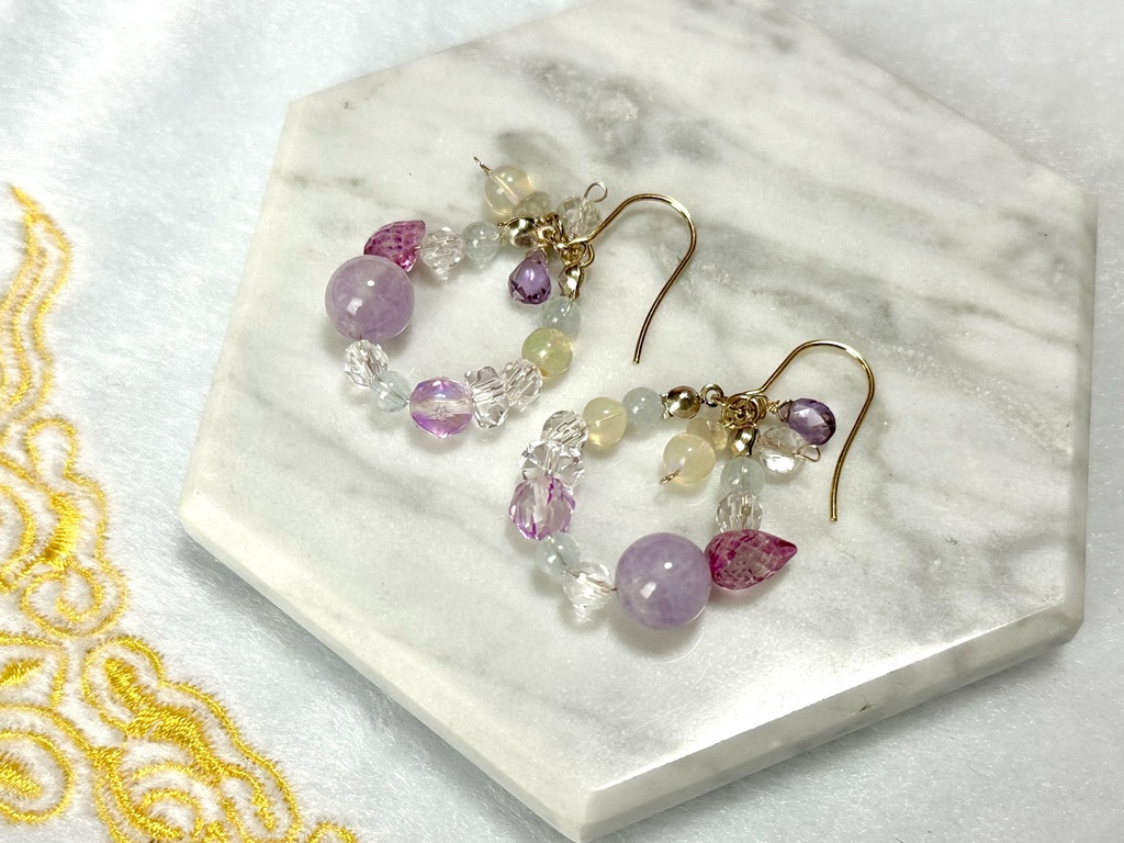 「 花雫 」 ✯ ピンクトパーズ アメジスト オパール アクアマリン セイロンムーンストーン 水晶 パープルルナフラッシュ / 天然石ピアス 天然石イヤリング パワーストーン 天然石アクセサリー