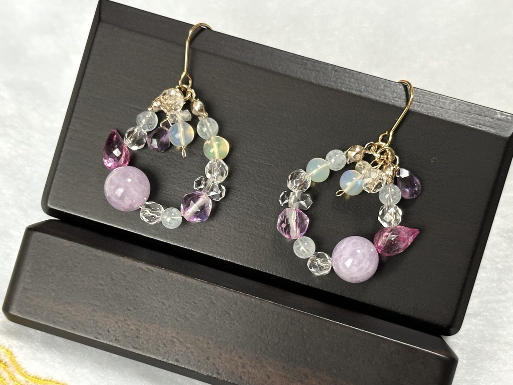 「 花雫 」  ✯ ピンクトパーズ アメジスト オパール アクアマリン セイロンムーンストーン 水晶 パープルルナフラッシュ  / 天然石ピアス 天然石イヤリング パワーストーン 天然石アクセサリー