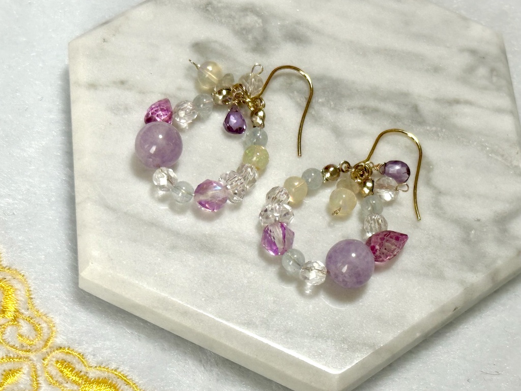 「 花雫 」 ✯ ピンクトパーズ アメジスト オパール アクアマリン セイロンムーンストーン 水晶 パープルルナフラッシュ / 天然石ピアス 天然石イヤリング パワーストーン 天然石アクセサリー