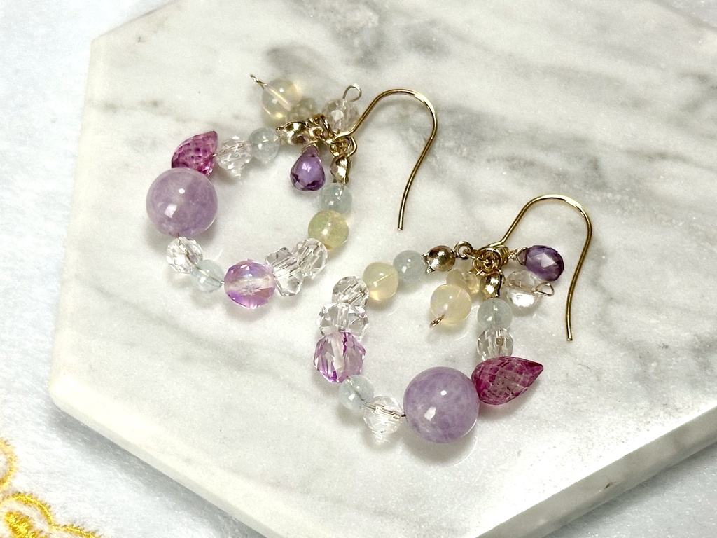 「 花雫 」 ✯ ピンクトパーズ アメジスト オパール アクアマリン セイロンムーンストーン 水晶 パープルルナフラッシュ / 天然石ピアス 天然石イヤリング パワーストーン 天然石アクセサリー