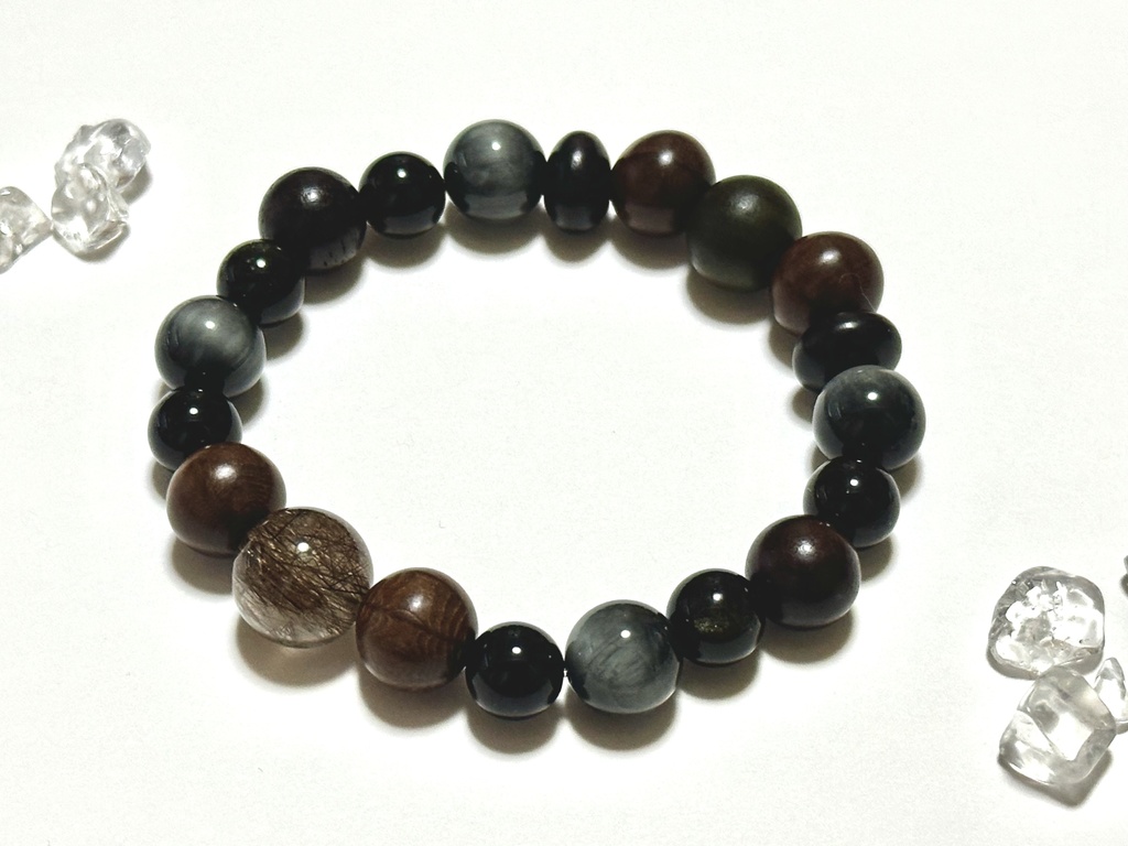 「 夜森のまもり 」 ✯ ブラウンルチルクォーツ 六道木 モリオン 皮灰木 ゴールデンオブシディアン 黒檀 緑檀 / 天然石ブレスレット パワーストーン 天然石アクセサリー