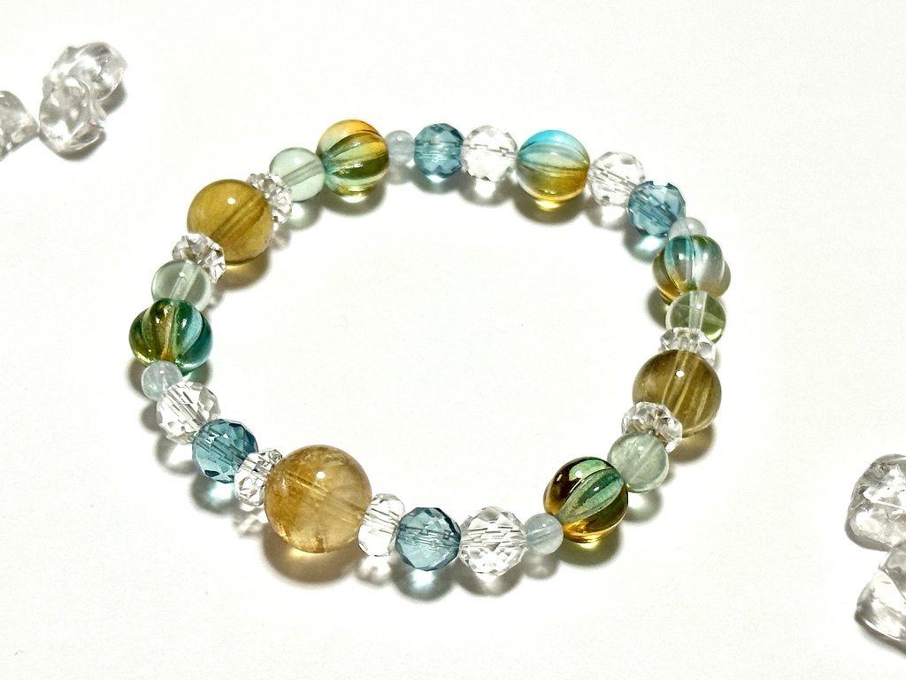 「 向日葵の浜辺 」 ✯ シトリン アクアオーラ アクアマリン チェコビーズ フローライト/ 天然石ブレスレット パワーストーン 天然石アクセサリー