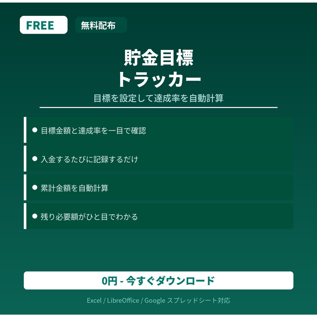 【無料】貯金目標トラッカー｜達成率を自動計算