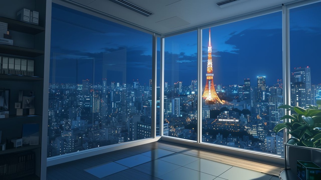 【早期販売価格】【VTuber配信背景】都会の高層ゲーミングルーム(朝・昼・夜・雨 4点)|座標固定・透過パーツ付