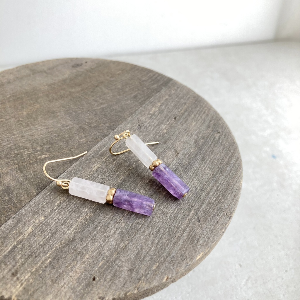 レクタングル×2ピアス ローズクオーツ/アメジスト