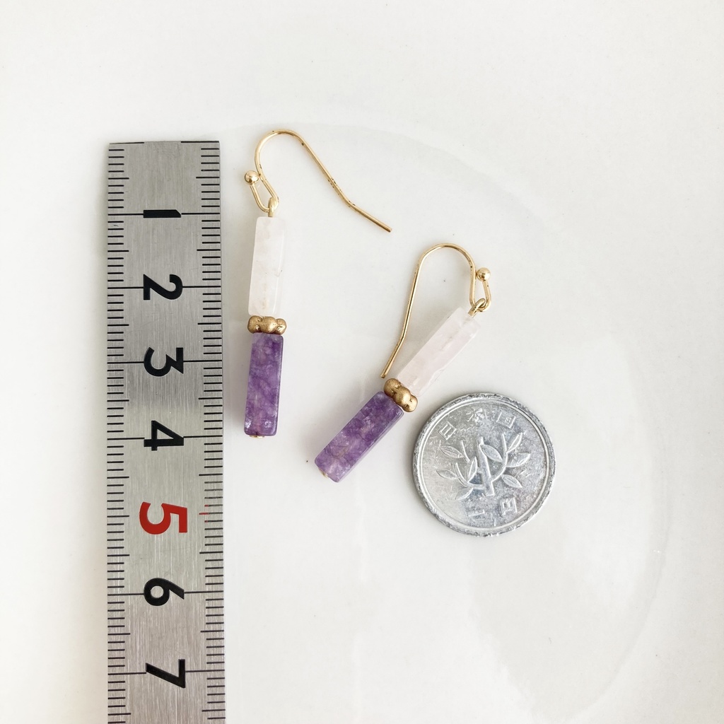レクタングル×2ピアス ローズクオーツ/アメジスト