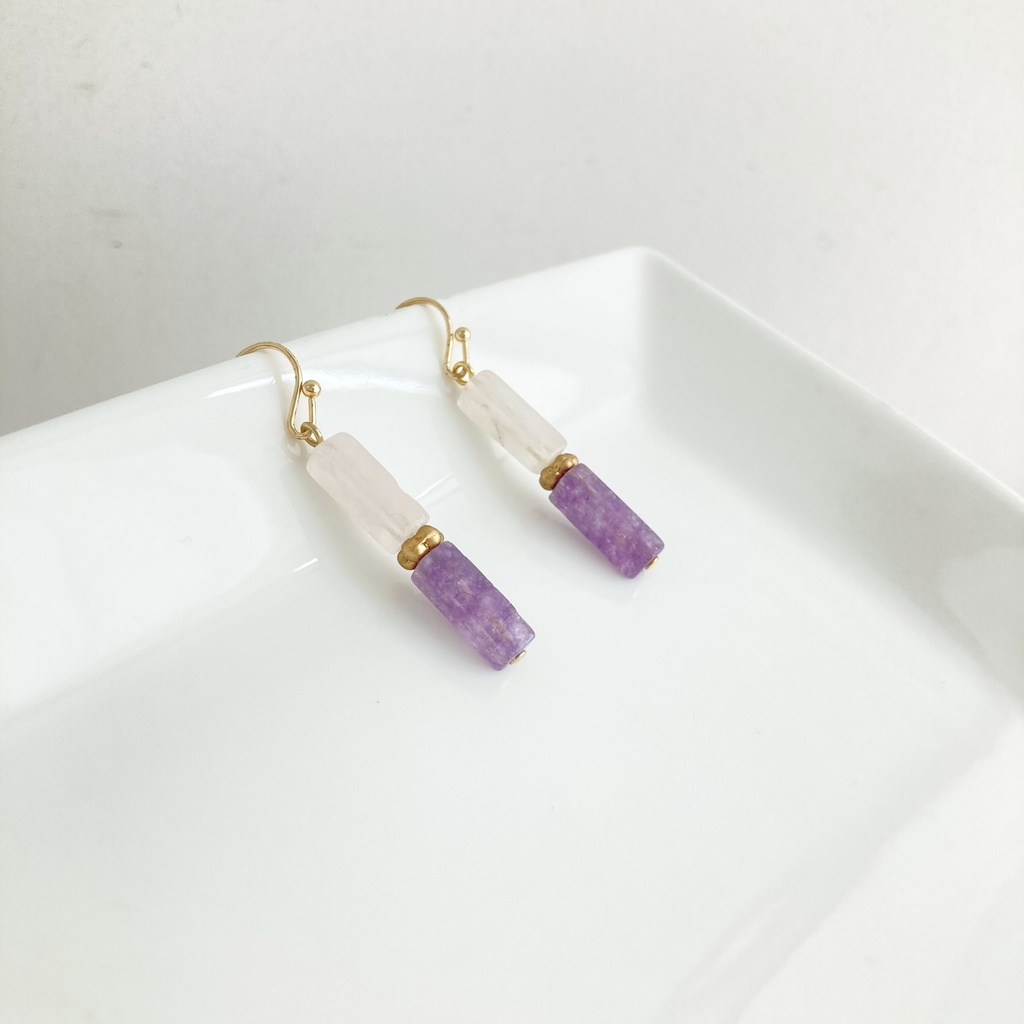 レクタングル×2ピアス ローズクオーツ/アメジスト