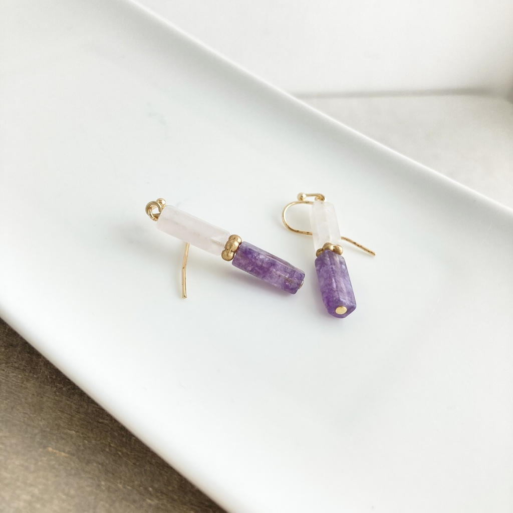 レクタングル×2ピアス ローズクオーツ/アメジスト