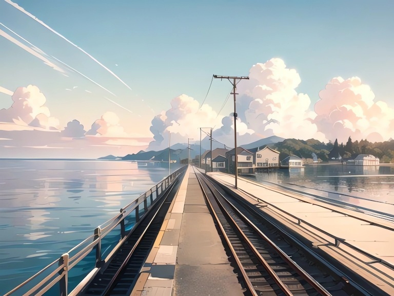 海辺の駅、線路の背景素材