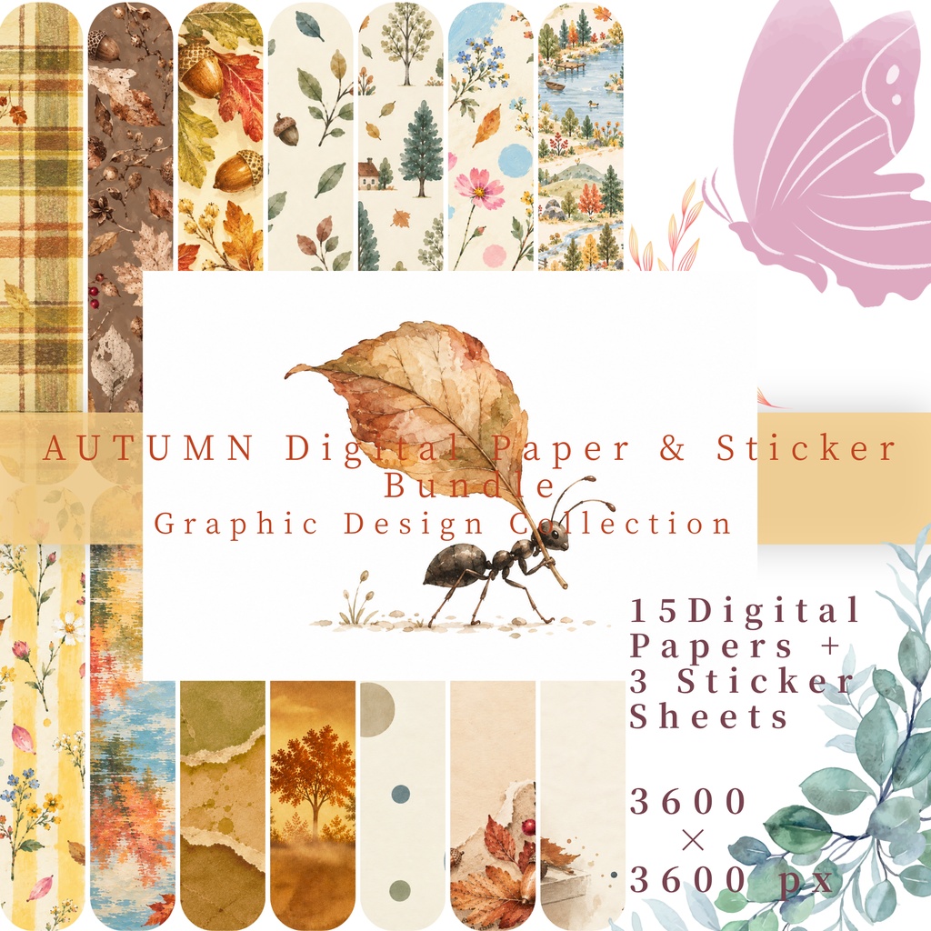 秋色デジタルペーパー＆ステッカーセット｜15柄＋ステッカー3シート｜Autumn Digital Paper & Sticker Bundle