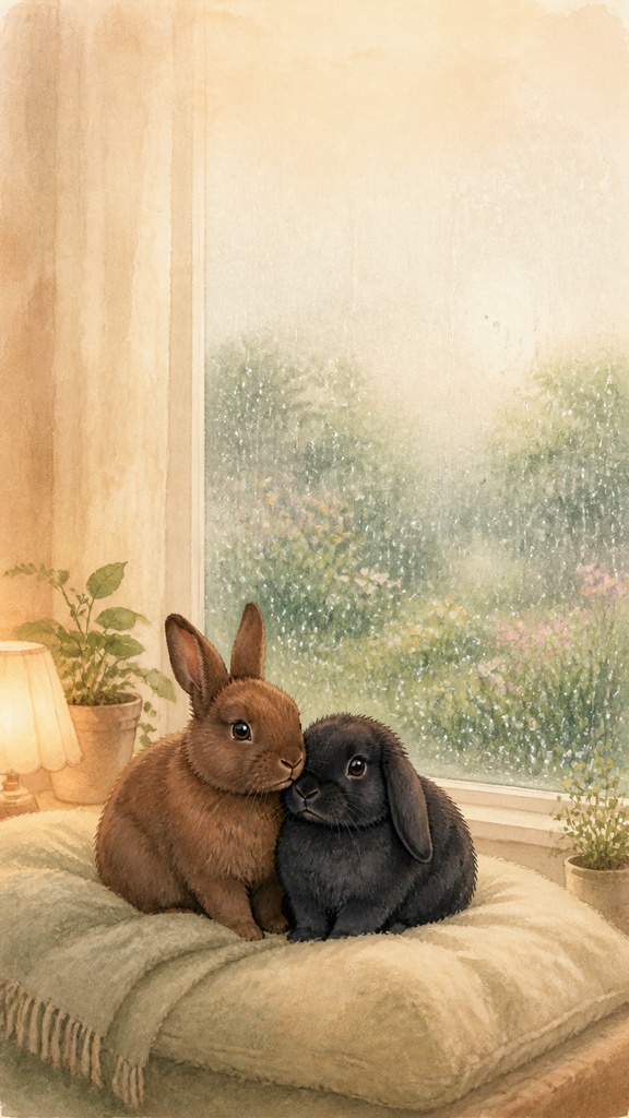 うさぎ壁紙vol9｜雨の日の窓辺