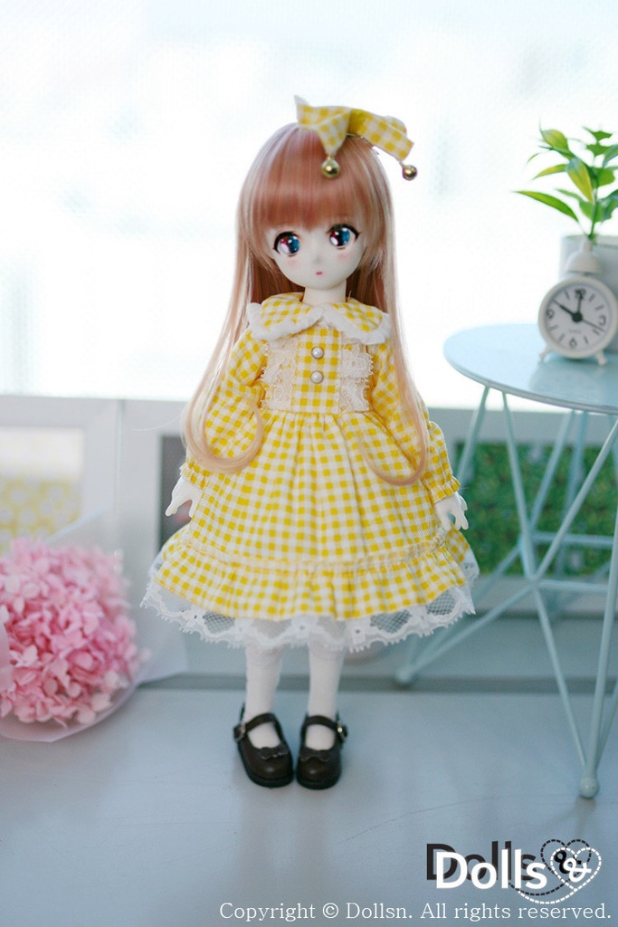 チェック柄リボン付きワンピース黄色 1/6 USD 