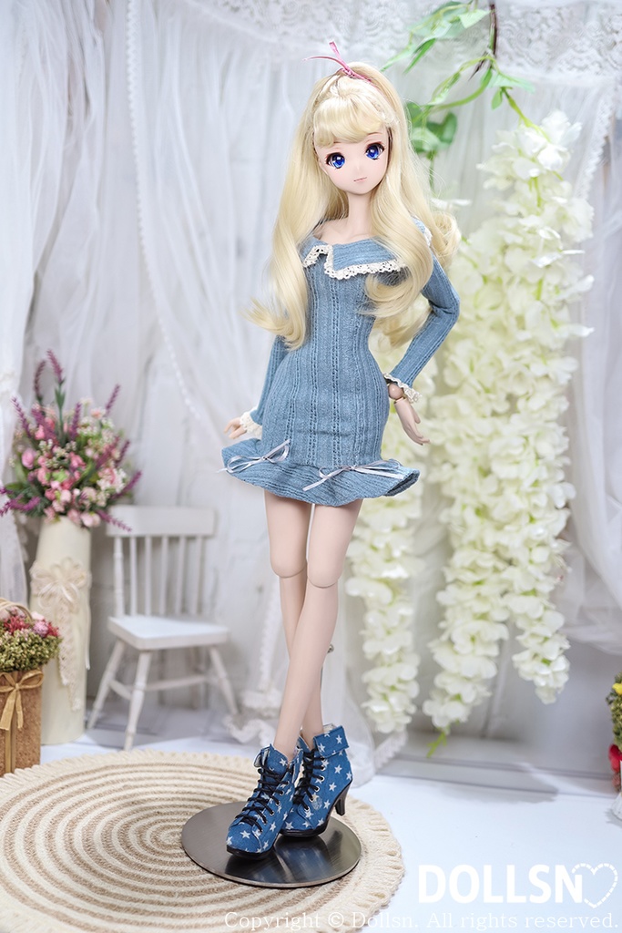 フリルスリムニットワンピースブルー 1/3 SD
