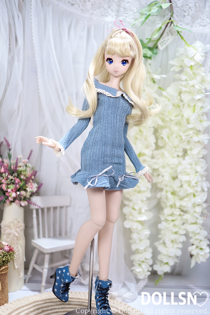 フリルスリムニットワンピースブルー 1/3 SD