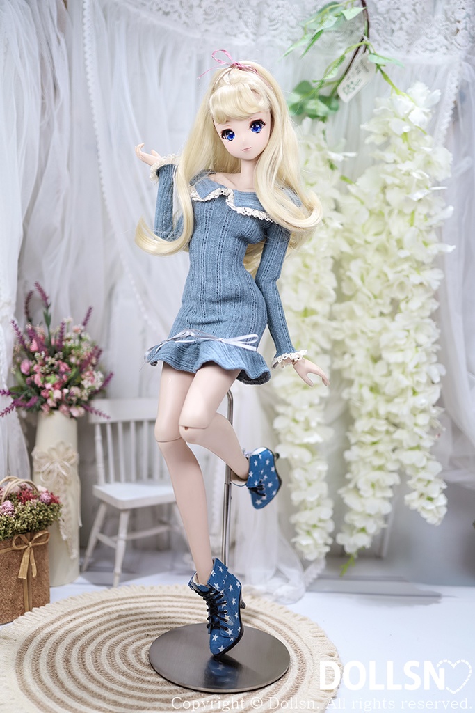 フリルスリムニットワンピースブルー 1/3 SD