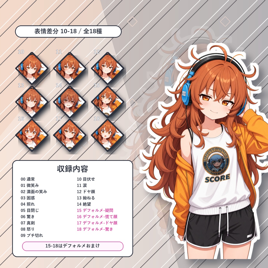 【12】TRPG立ち絵素材 ヘッドホンボサ髪少女【通常+表情差分14種+デフォルメ4種】
