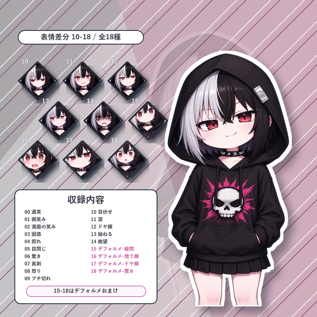 【13】TRPG立ち絵素材 パンクなパーカー少女【通常+表情差分14種+デフォルメ4種】