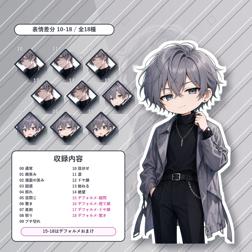 【22】TRPG立ち絵素材 コートの男性【通常+表情差分14種+デフォルメ4種】
