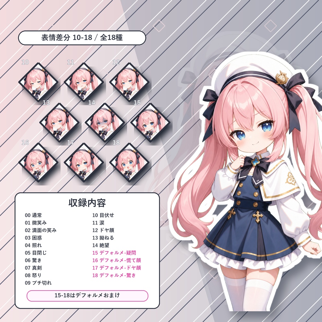 【30】TRPG立ち絵素材 ピンク髪ツインテ少女【通常+表情差分14種+デフォルメ4種】
