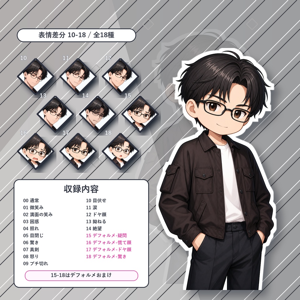 ヤシロヤTRPG立ち絵素材まとめ_男性立ち絵5種【通常+表情差分14種+デフォルメ4種】