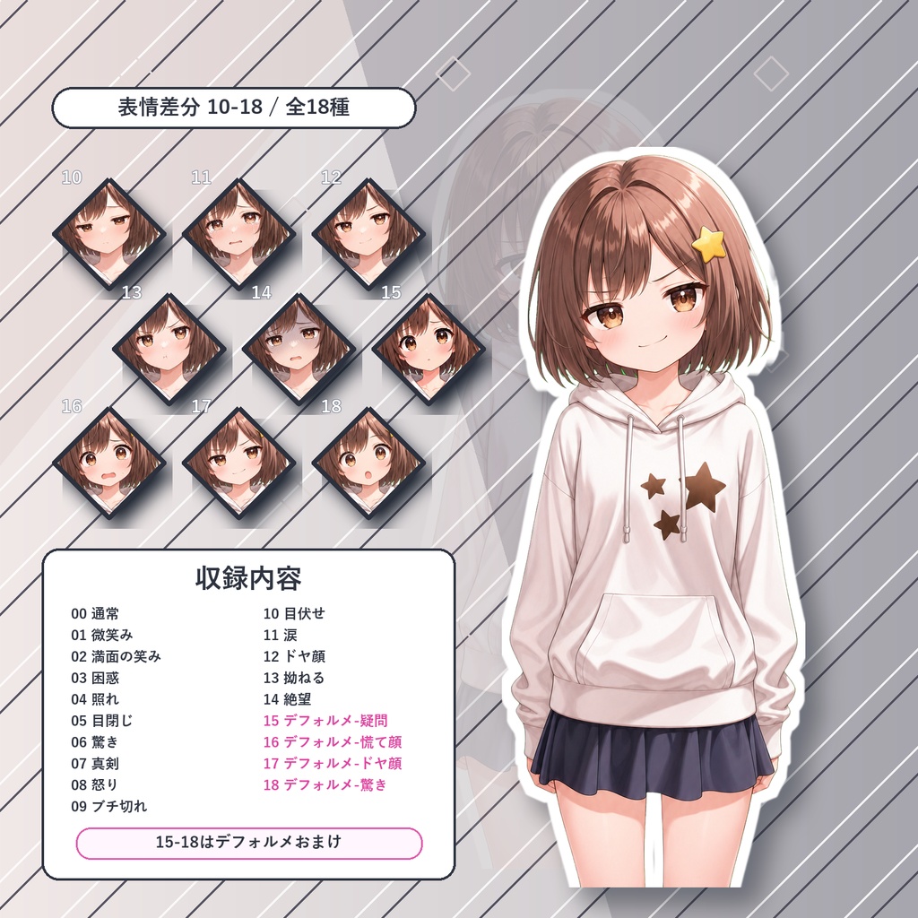 【33】TRPG立ち絵素材 星のパーカー少女【通常+表情差分14種+デフォルメ4種】