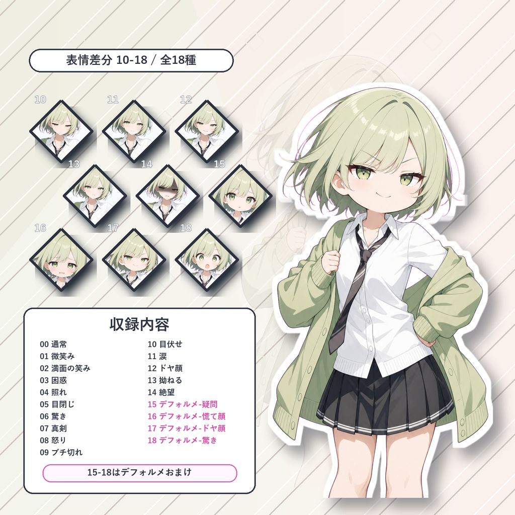 【34】TRPG立ち絵素材 カーディガン少女【通常+表情差分14種+デフォルメ4種】
