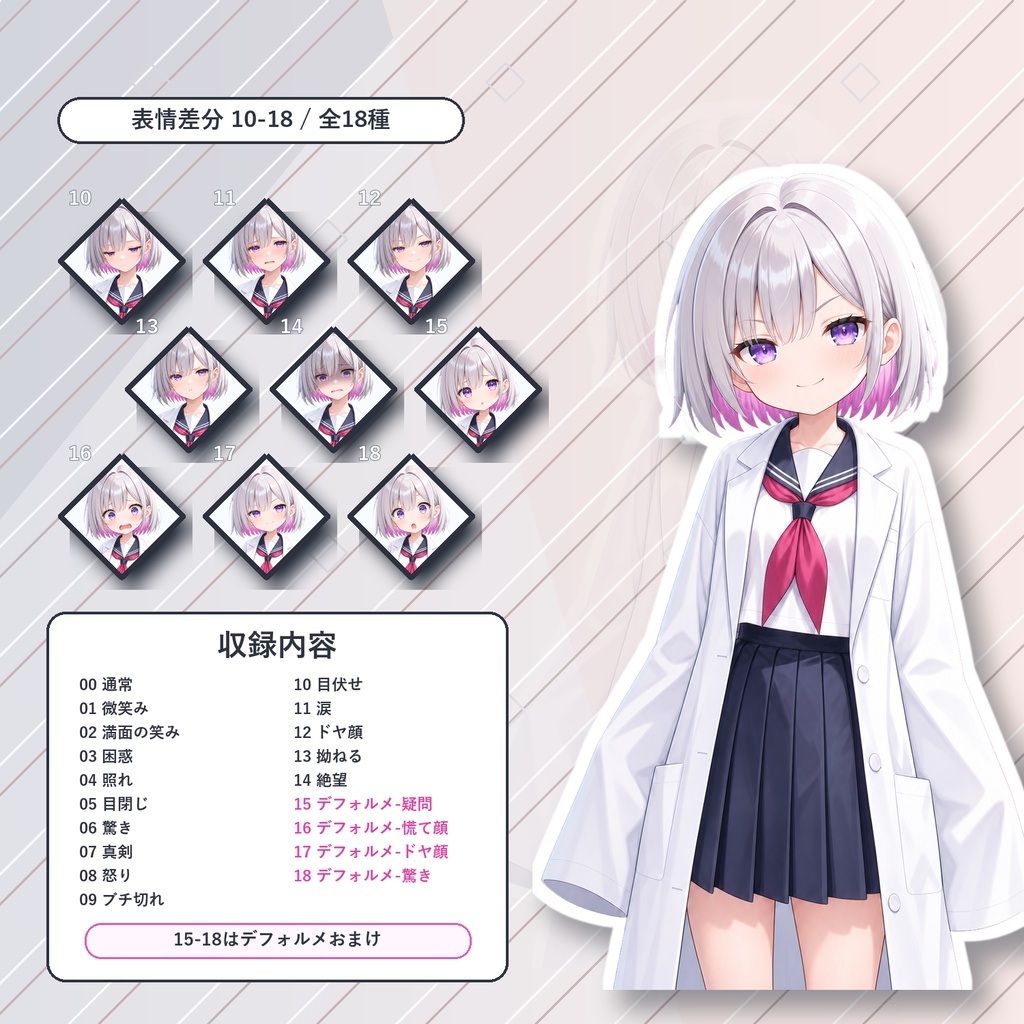 【37】TRPG立ち絵素材 白衣の少女【通常+表情差分14種+デフォルメ4種】