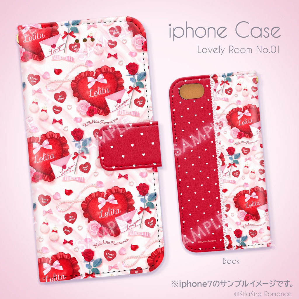 手帳型iPhoneケース[Lovely Room No.01]（シルキーホワイト×レッド）