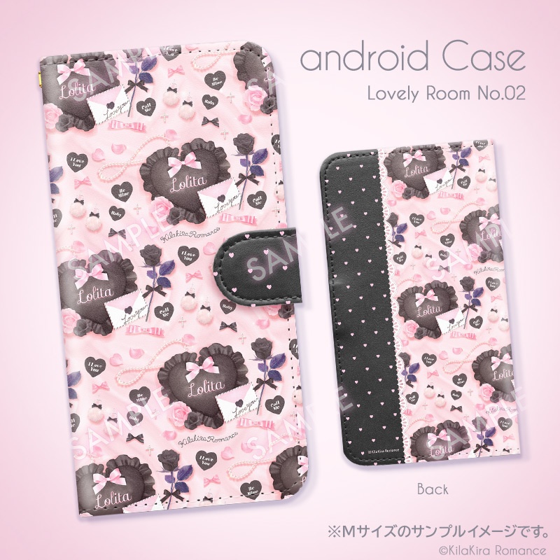 手帳型Androidケース[Lovely Room No.02]（パウダーピンク×ブラック）