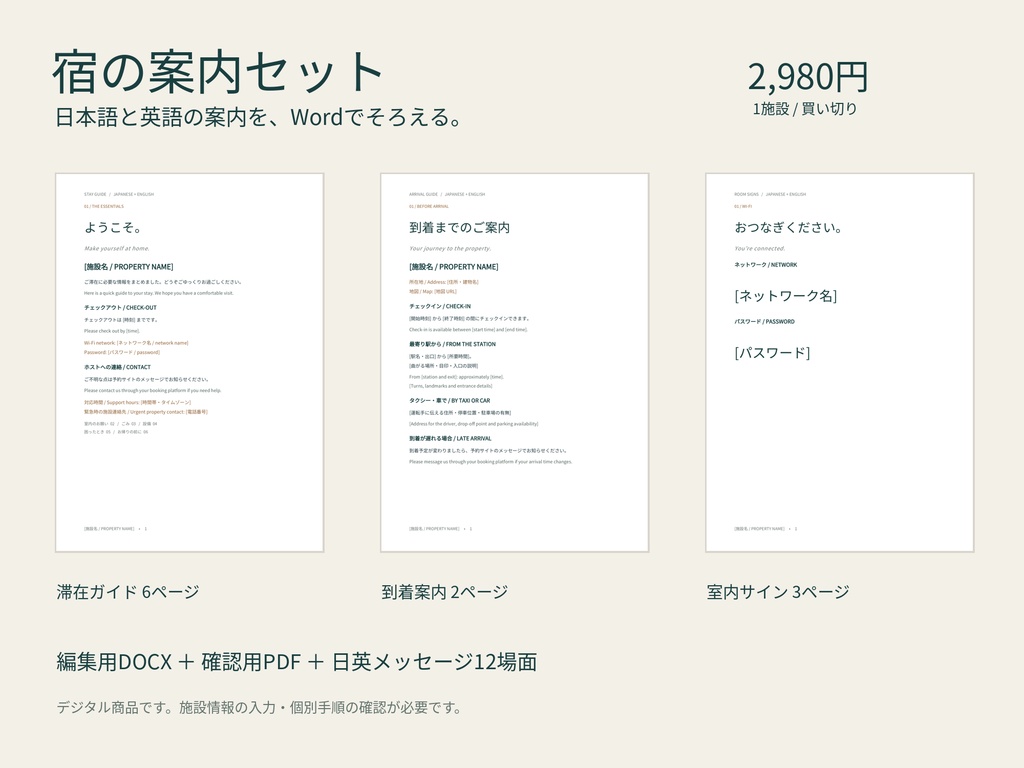 民泊ハウスマニュアル 日英テンプレート｜Word編集・到着案内・室内サイン付き