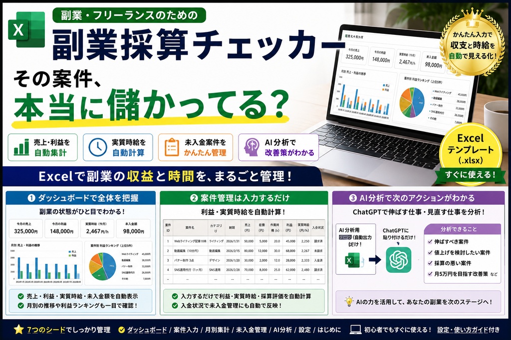 副業採算チェッカー|売上・利益・実質時給を自動管理できるExcelテンプレート【AI分析付き】