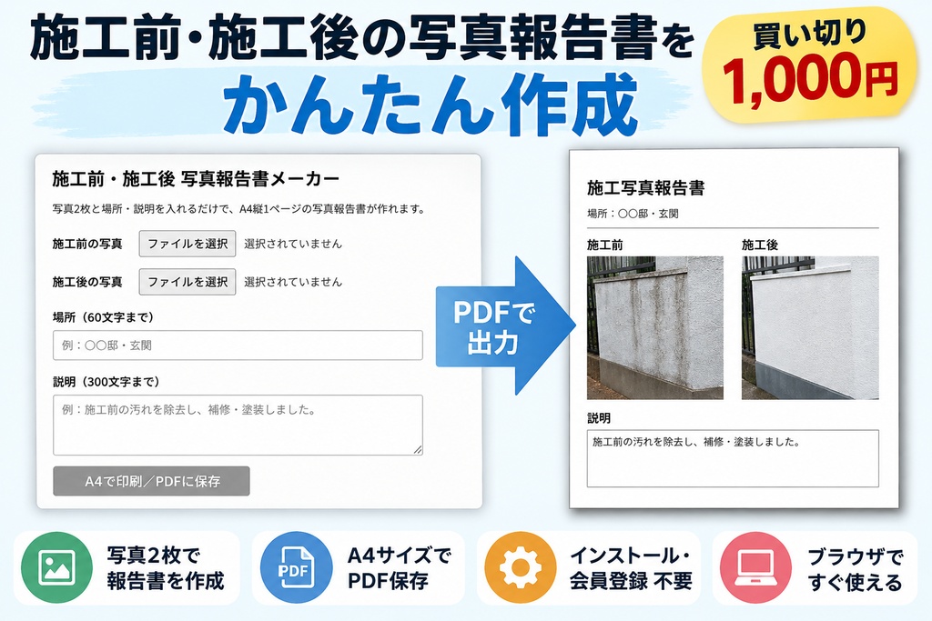 施工前・施工後 写真報告書メーカー｜写真2枚でA4 PDF作成