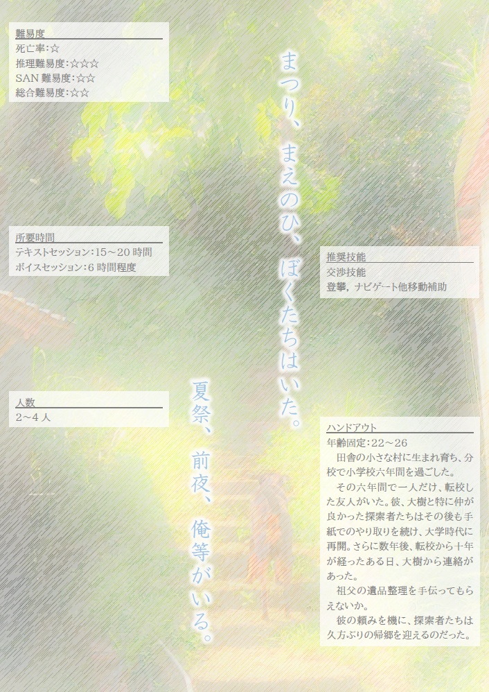 CoC6th, CoC7thシナリオ「まつり、まえのひ、ぼくたちはいた。夏祭、前夜、俺等がいる。」【SPLL:E109133】