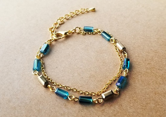 ガラスチューブとチェーンの2連ブレスレット(ターコイズ)