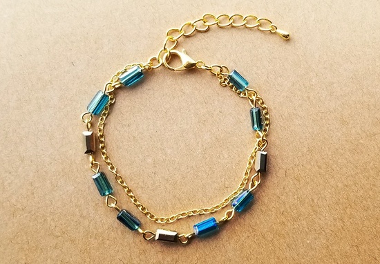 ガラスチューブとチェーンの2連ブレスレット(ターコイズ)