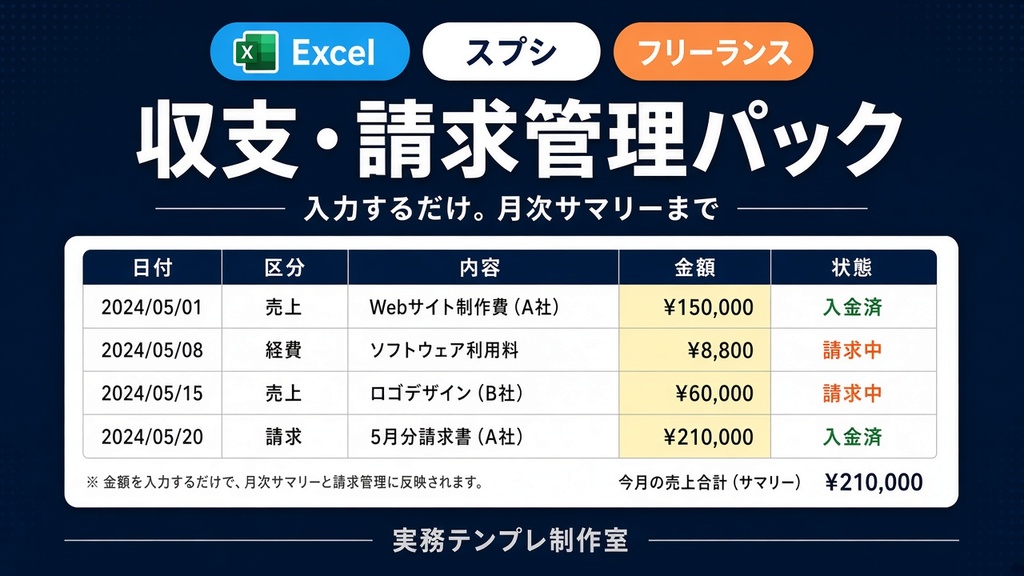 【Excel/スプレッドシート】フリーランス収支・請求管理パック｜月次サマリー付き