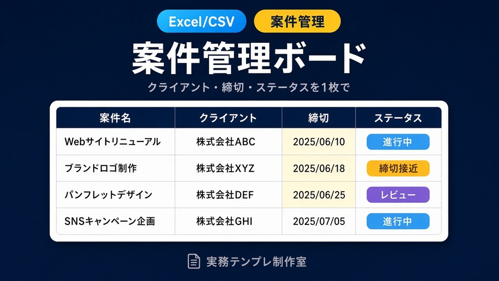 【Excel/CSV】フリーランス案件管理ボード|クライアント・締切・ステータス