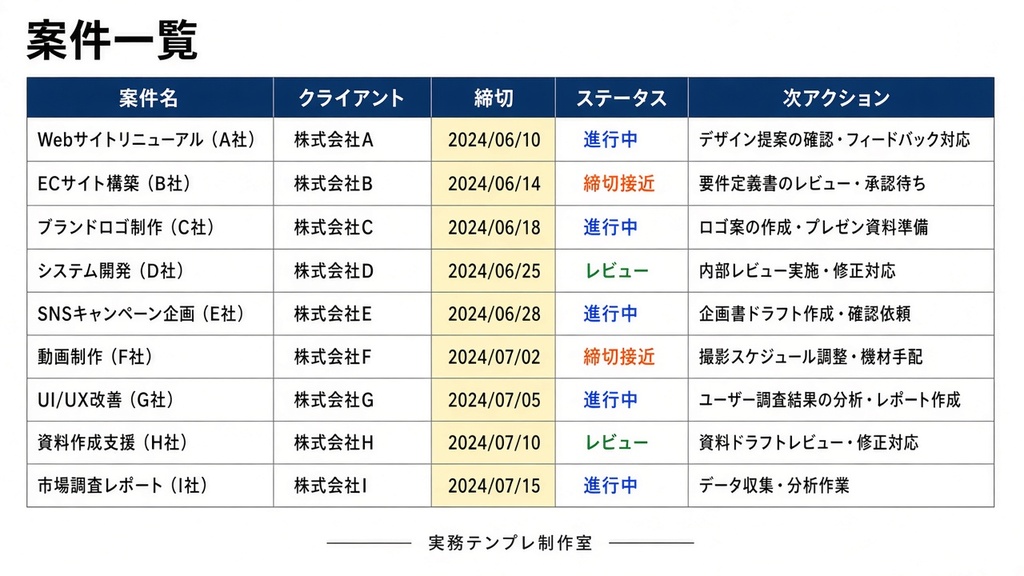 【Excel/CSV】フリーランス案件管理ボード|クライアント・締切・ステータス