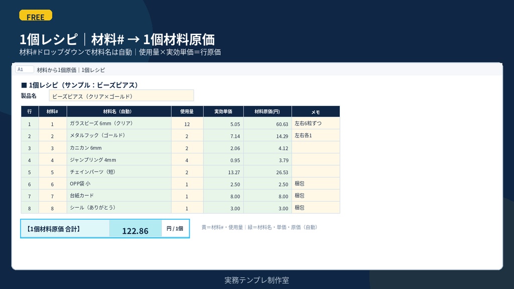 【無料】ハンドメイド原価Lite|材料から1個原価|ビーズ・金具サンプル入り