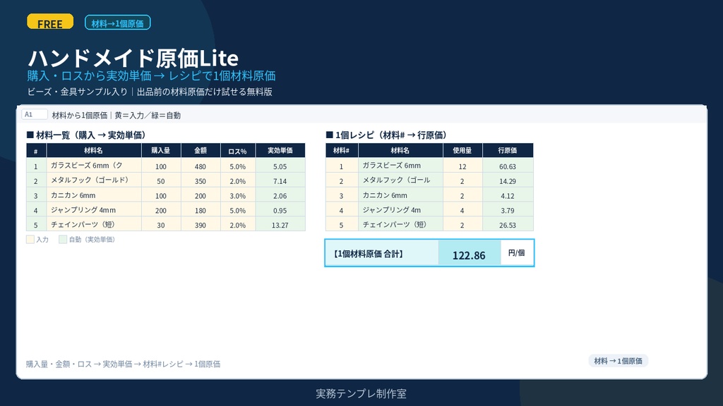 【無料】ハンドメイド原価Lite｜材料から1個原価｜ビーズ・金具サンプル入り