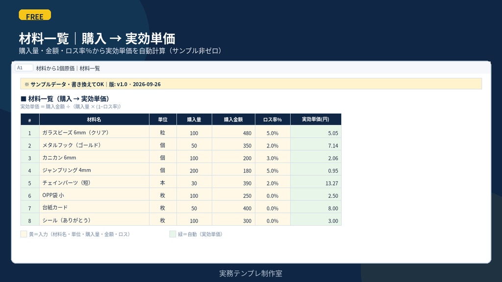 【無料】ハンドメイド原価Lite|材料から1個原価|ビーズ・金具サンプル入り