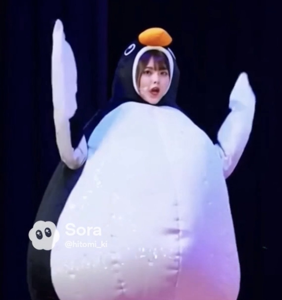 【AI動画】ペンギンの顔出し着ぐるみ姿になったアイドル・さいかのステージと舞台裏