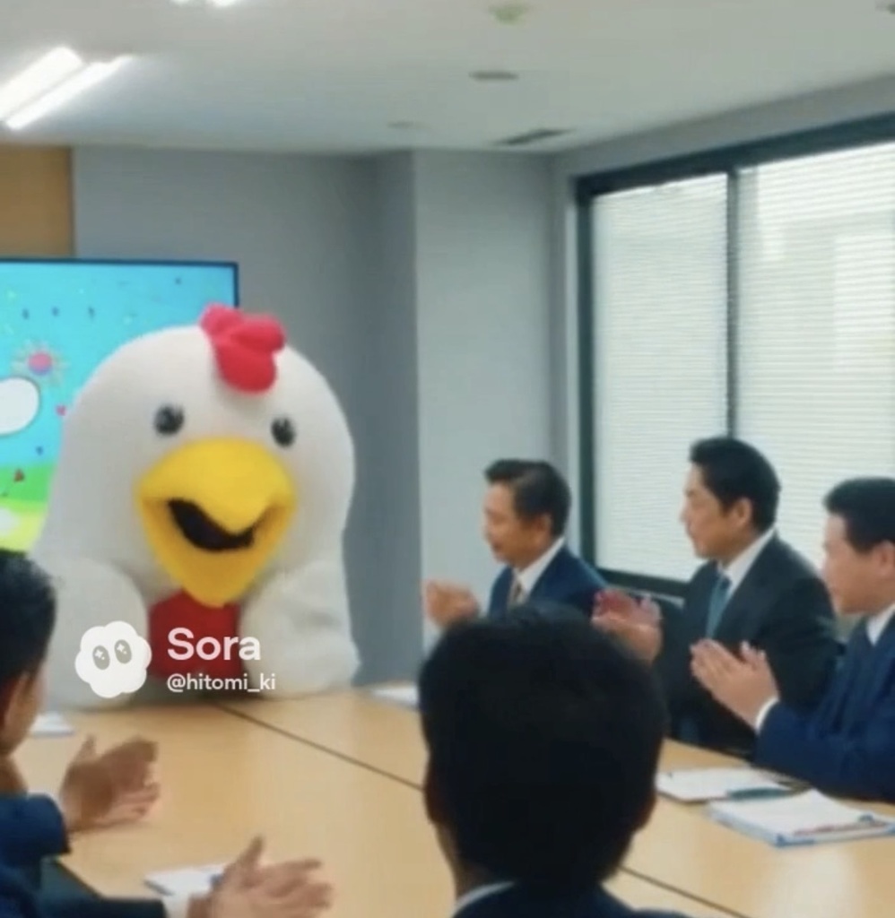 【プレミアム版・AI動画】ニワトリのマスコットキャラになった従業員・ゆき