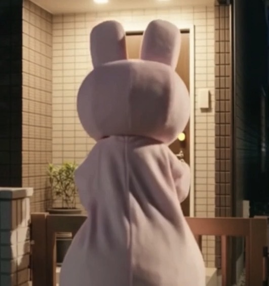 【AI動画・横】月夜の異変、ウサギの顔出し着ぐるみ姿に突如変身した女性