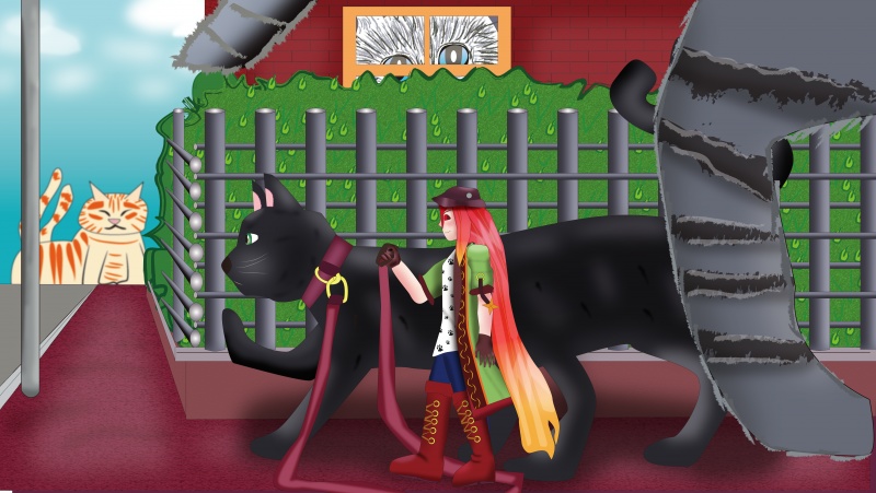 エイリオン、巨大な黒猫との散歩