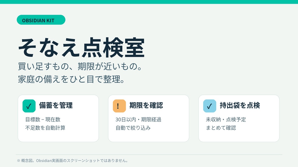 そなえ点検室｜防災備蓄の不足・期限・持出袋・点検をまとめる Obsidian Vault