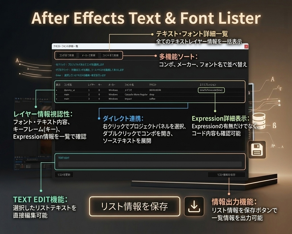 AfterEffects テキストレイヤー一括管理スクリプト