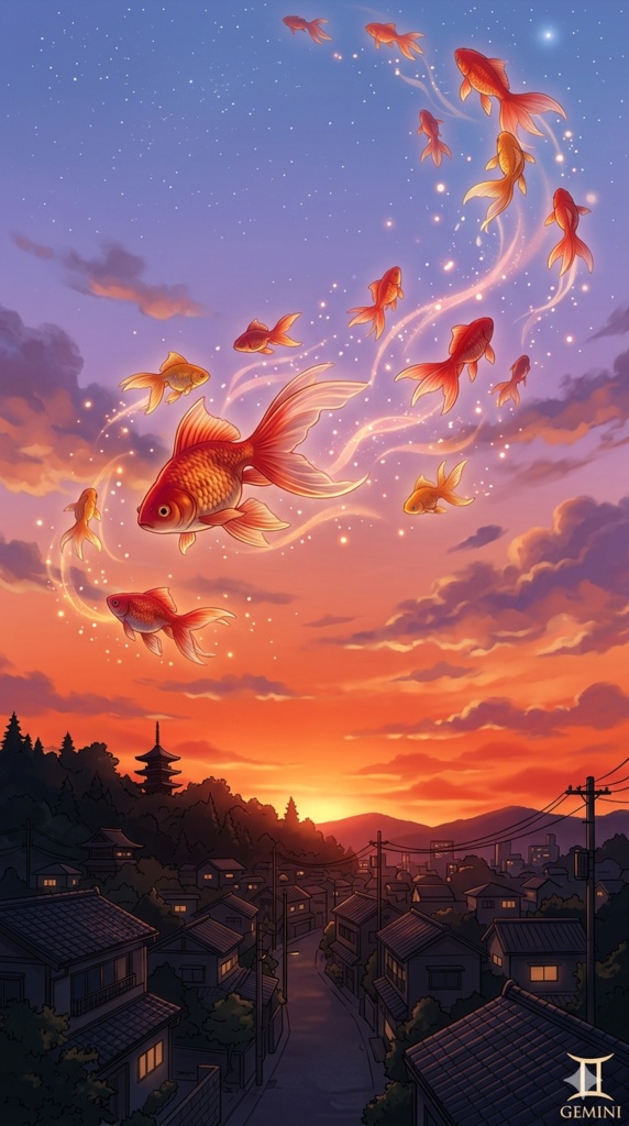 夏の夕暮れと空飛ぶ金魚