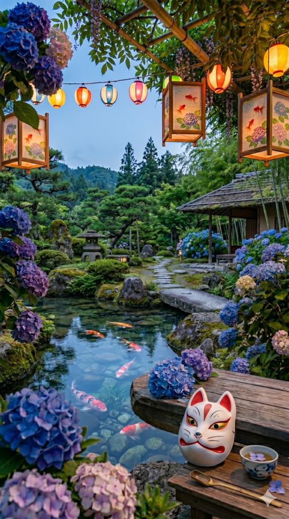 紫陽花と日本庭園